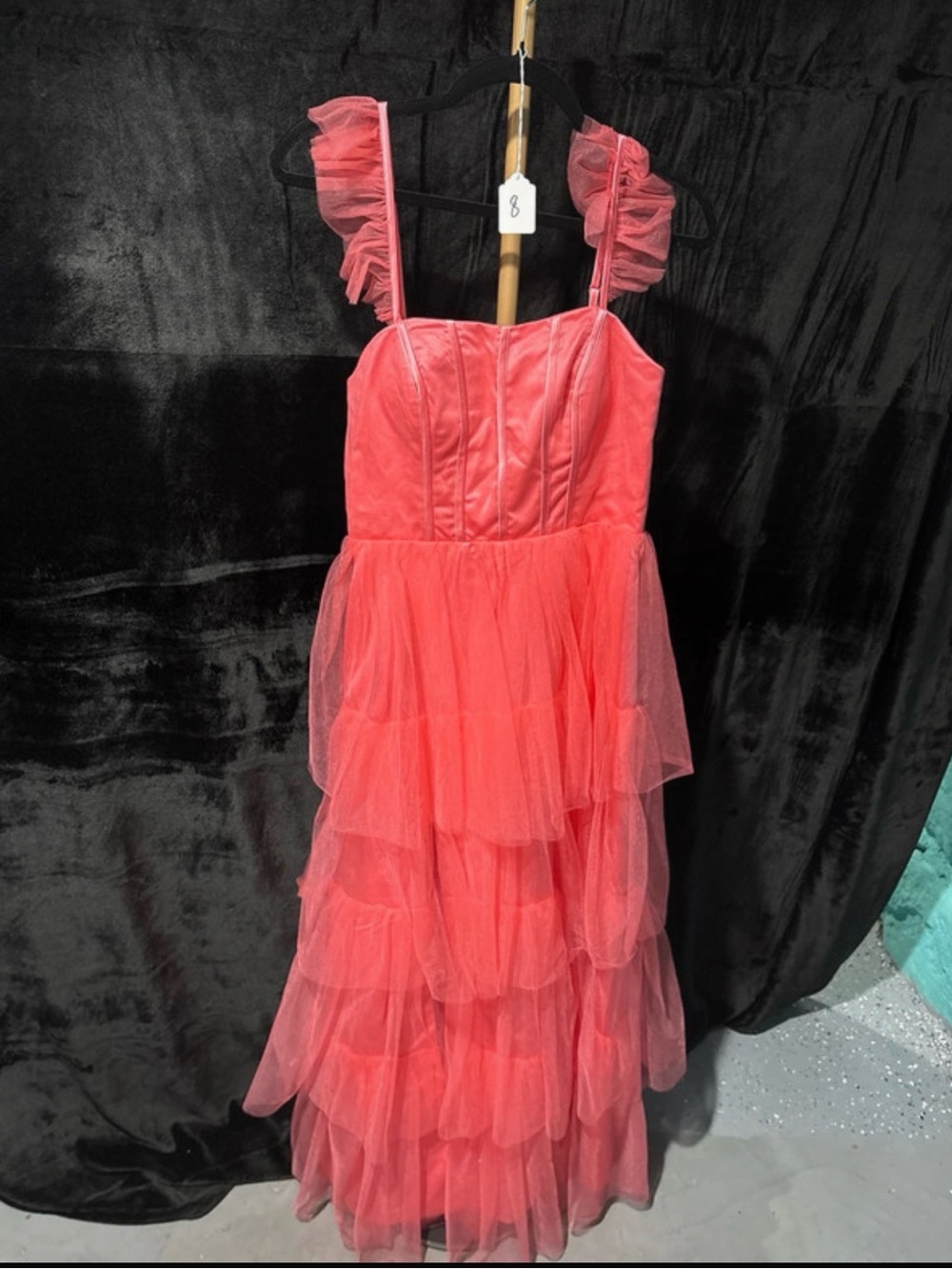 Coral Layered Tulle Dress with Ruffle Straps